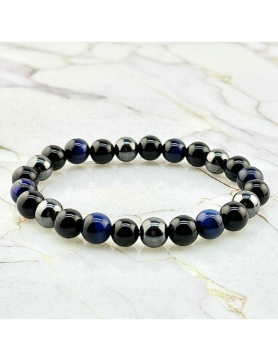 Bracelet "Triple Protection" en Oeil de Tigre bleu, Hématite et Obsidienne Noire
