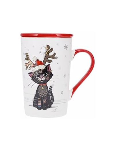 KIUB Grand mug NOEL avec couvercle - motif chat noir etant Noel - matière porcelaine fine - contenance 400ML