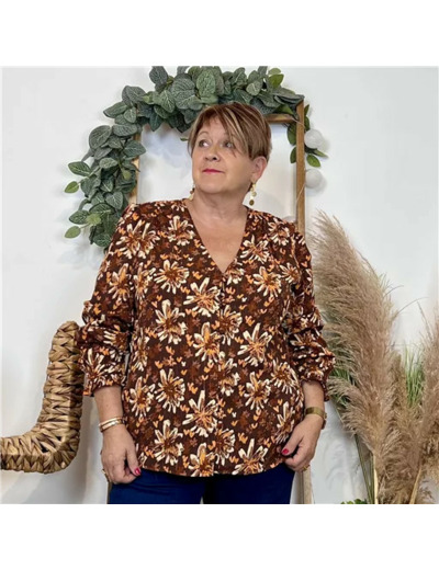 K011- Chemise imprimé automnal (T40-T48) (marron)