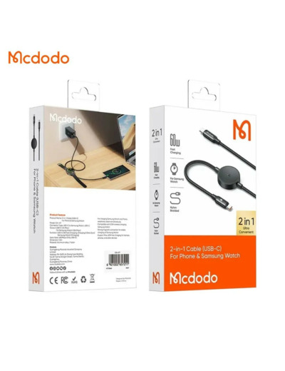 MCDODO Câble de Charge Montre Connectée CA-4170 Type-C vers Type-C 60W + Pad de Charge à Induction Samsung Watch (1.5m) Noir