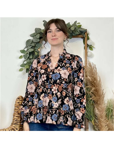 K036- Blouse By One imprimé floral (noir)