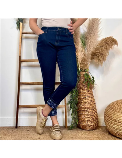 N105- Jean 7/8ème revers fantaisie (T36-T44) (denim foncé)