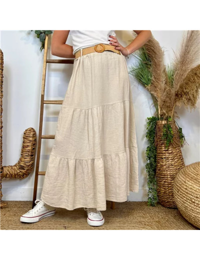 L723- Jupe gaze de coton + ceinture (Tu) 🇮🇹 (beige)