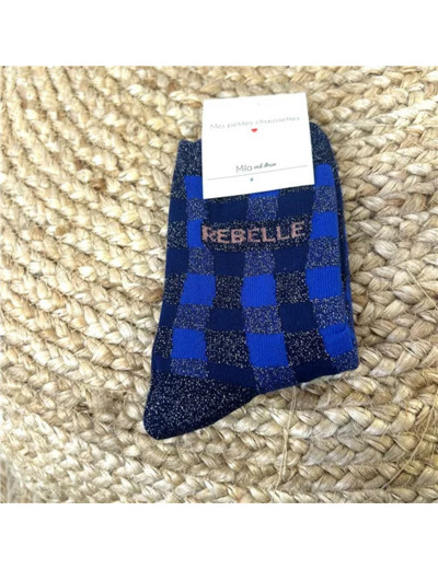 V323- Chaussettes paillettes "Rebelle" (bleu royal)