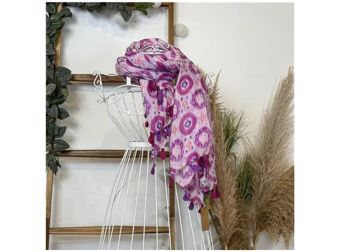 Y521- Foulard Ethnique Pompons (rose pâle)