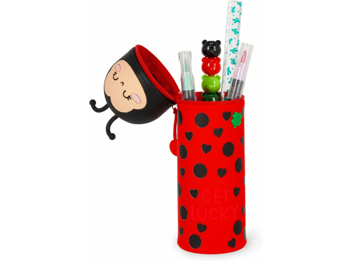 Legami - Kawaii Étui École 2 en 1 en Silicone Souple, Porte-stylos de Table, Fermeture à Glissière, Stylos Crayons Feutres LADYBUG
