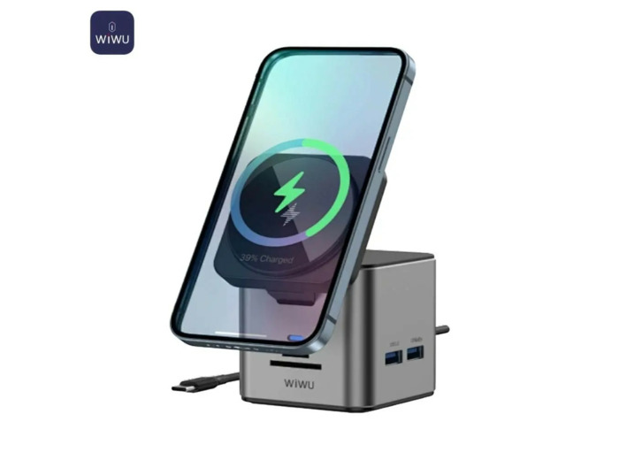 Station Multi Charge Universelle Wiwu WI-W025 HUB Type-C 9 en 1 sans Fil et Charge Magnétique 100W Gris