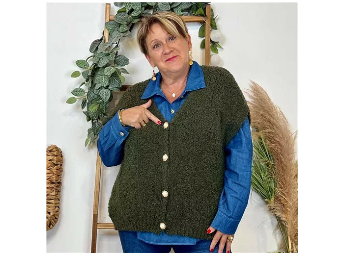 K128- Gilet bouclette sans manches (Tu) (kaki)