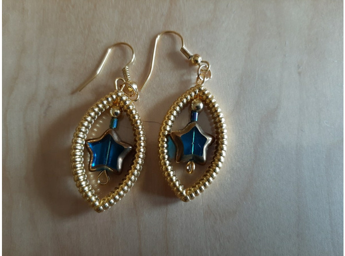 Boucle D'Oreille - Blue Star - Ovale Doré - Bleu