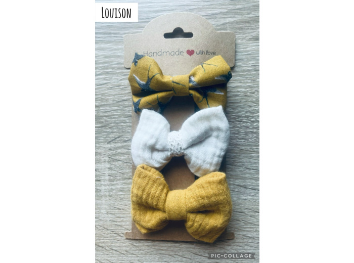 TRIO BARRETTES NOEUD FILLE "LOUISON", PINCES CHEVEUX