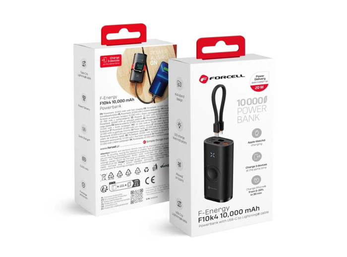 FORCELL F-ENERGY Batterie externe noire USB-A USB-C Lightning compatible Apple Watch 3A 22,5W 10 000 mAh