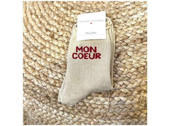V325- Chaussettes paillettes "Mon Coeur" (beige)