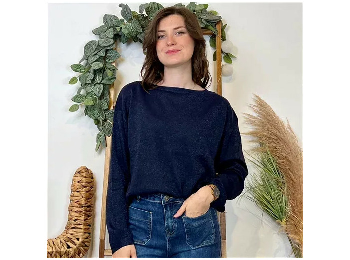K092- Pull col en rond Lurex Version Féminin (marine)