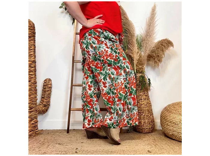 L787- Pantalon Flou "Feuilles"(T40-T48) (rouge)