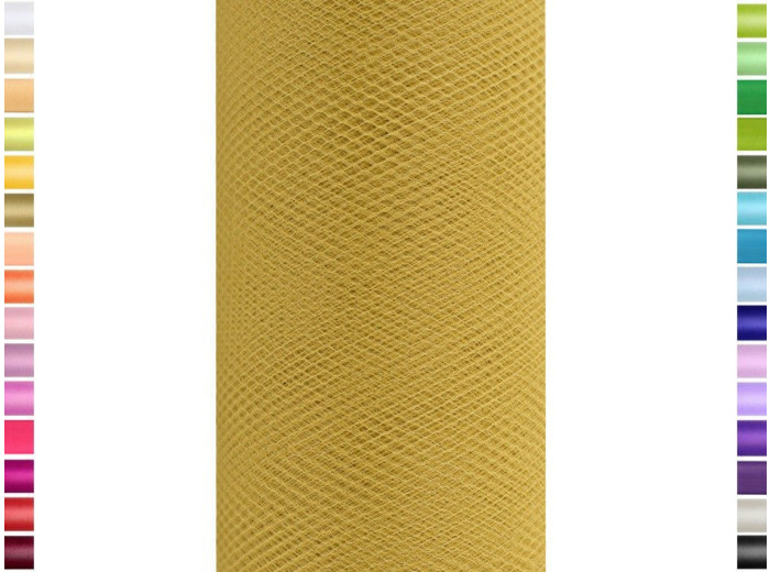 Tulle fin et souple colori Doré de 15 cm de large et 9 m de long vendu en rouleau