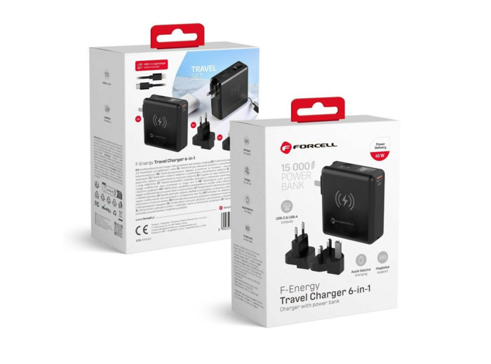 FORCELL F-ENERGY Chargeur multifonction 6-en-1 USB-A + USB-C 45W + Batterie externe 15 000mAh + MagSafe & Apple Watch