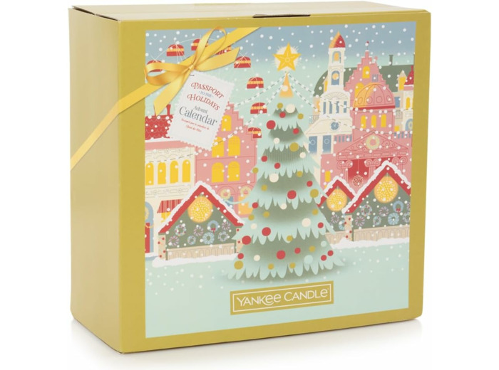 Yankee Candle Calendrier de l'Avent livre 2024 | 12 bougies votives | 12 bougies chauffe-plat | 1 bougeoir | Passport to the Holidays