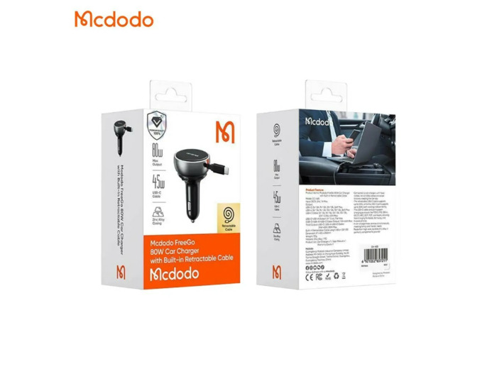 MCDODO Chargeur Allume-Cigare CC-4850 80W avec Câble Rétractable Noir
