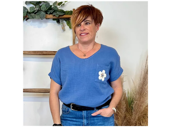 K248- Tunique coton Fleur 💮  (Tu) 🇮🇹 (bleu indigo)