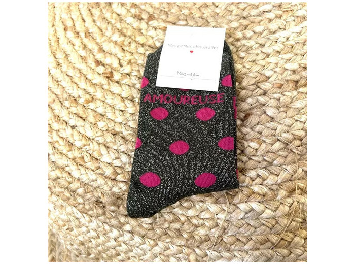 V313- Chaussettes paillettes "Amoureuse" (kaki)