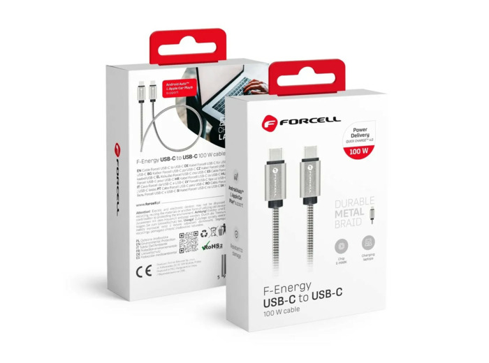 FORCELL F-ENERGY Câble métal charge rapide USB-C vers USB-C 5A/20V 100W 1m