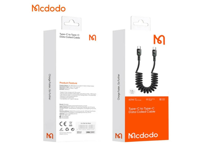 MCDODO Câble USB-C vers USB-C rétractable 60W 1,8m Noir