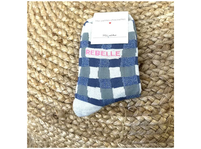 V323- Chaussettes paillettes "Rebelle" (bleu jeans)
