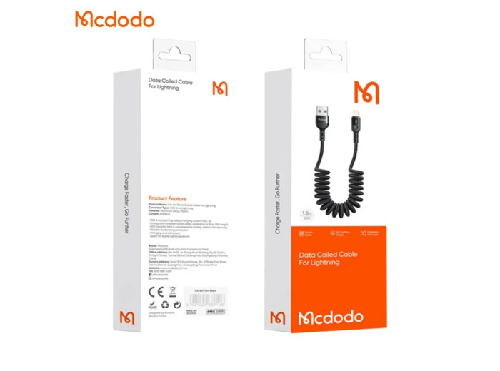 MCDODO Câble USB vers Lightning rétractable avec LED 1,8m Noir