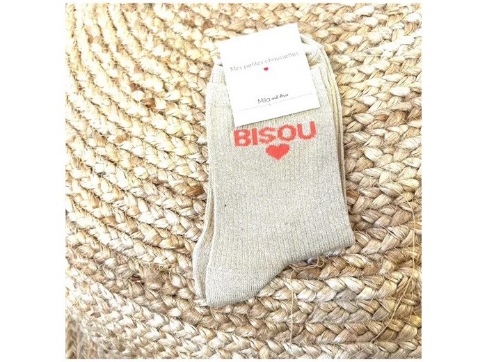 V317- Chaussettes paillettes "Bisou" (beige)