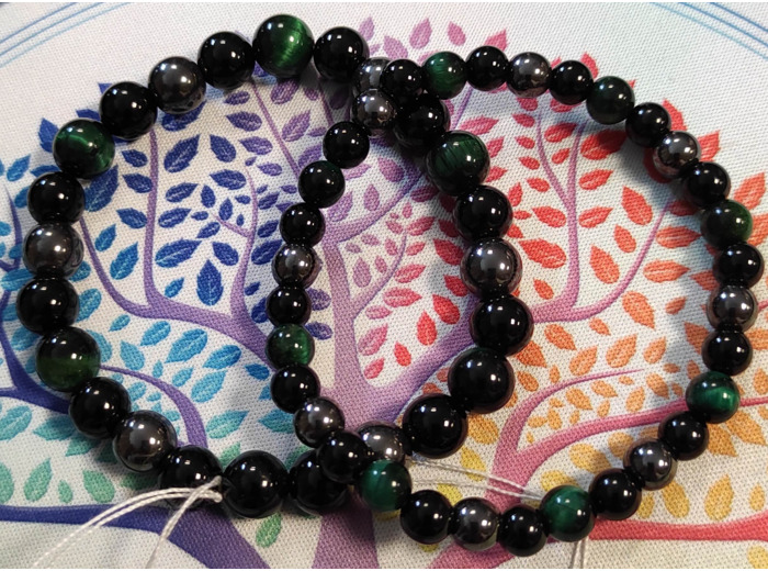 Bracelet "Triple Protection" en Oeil de Tigre vert, Hématite et Obsidienne Noire