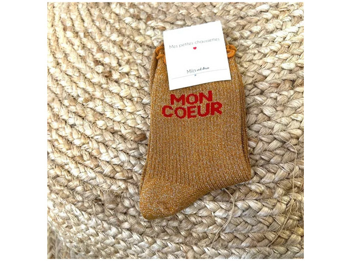 V325- Chaussettes paillettes "Mon Coeur" (moutarde)