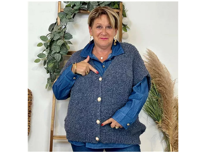 K128- Gilet bouclette sans manches (Tu) (bleu jeans)
