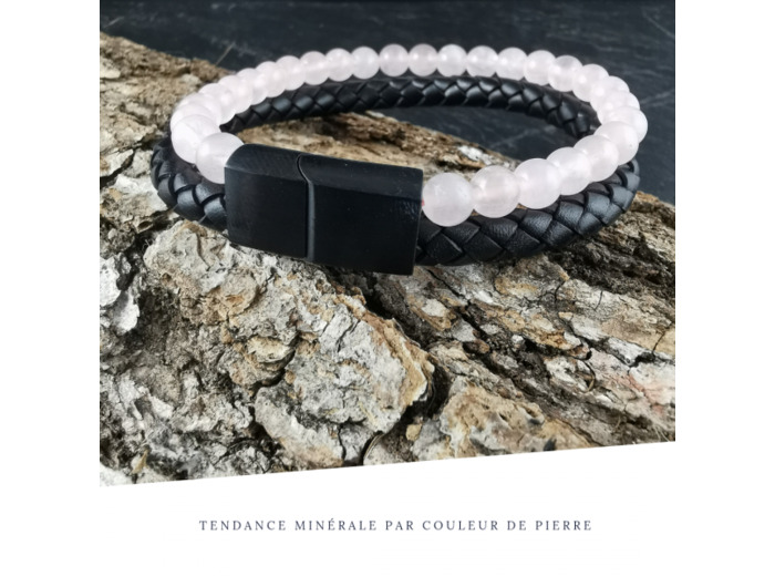 Bracelet Homme Cuir Double Quartz rose