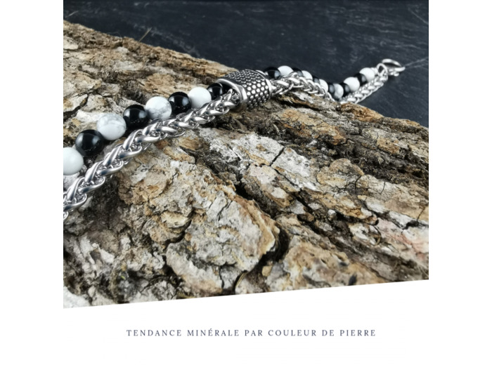 Bracelet Homme Chaîne Métal Howlite et onyx