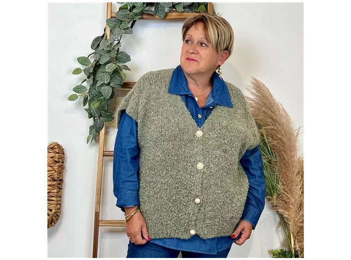 K128- Gilet bouclette sans manches (Tu) (kaki)