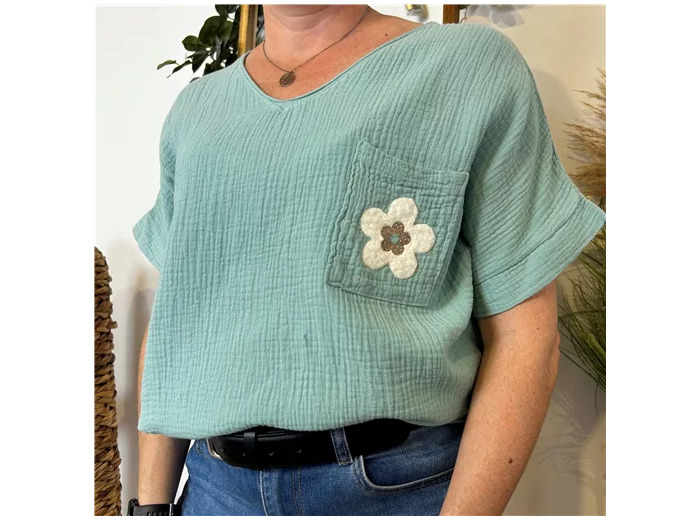 K248- Tunique coton Fleur 💮  (Tu) 🇮🇹 (vert céladon)