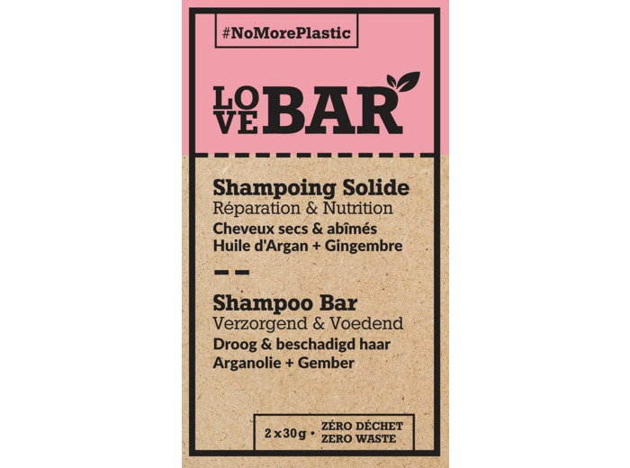 Love Bar - Shampoing Solide Réparation & Nutrition à l'Argan & Gingembre - Cheveux Secs et Abîmés (2 x 30gr)