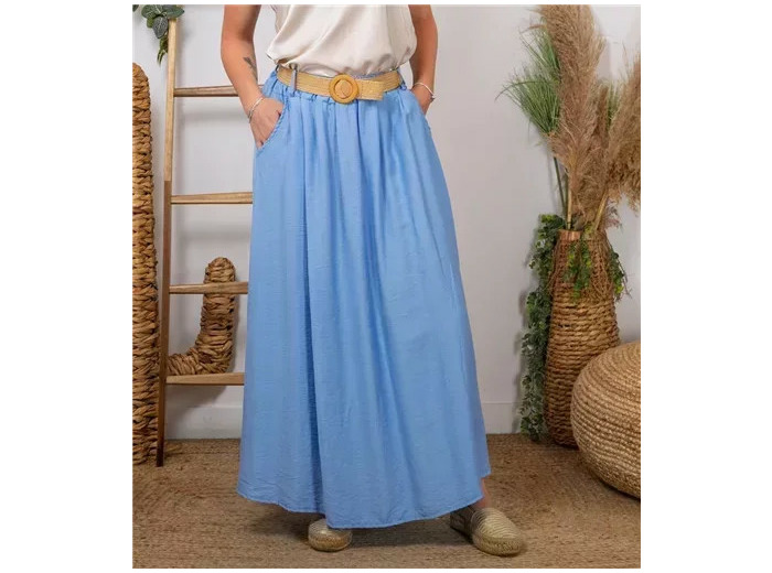 L732- Jupe longue ceinture (Tu) 🇮🇹 (bleu ciel)