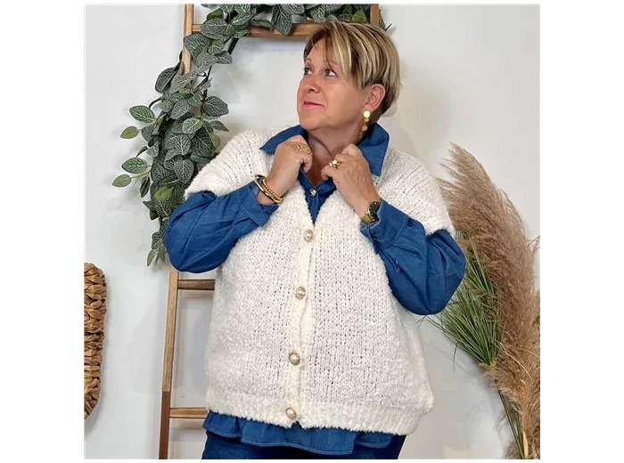 K128- Gilet bouclette sans manches (Tu) (blanc)