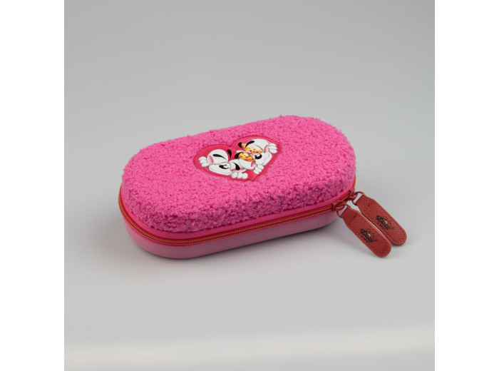 Diddl - Trousse Peluche 3D 20x10x6 cm - Plumier Zippé Rose en Matière Peluche - Logo Cœur - Filet Intérieur pour Deuxième Poche – Idéale École et Loisirs