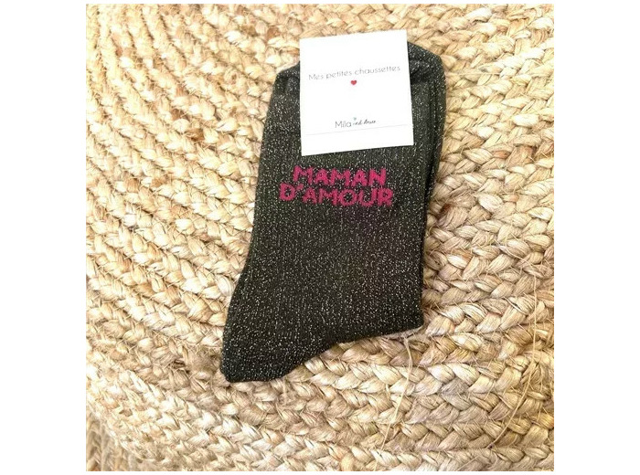 V315- Chaussettes paillettes "Maman d'Amour" (kaki)