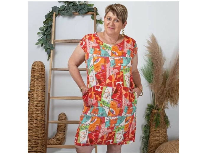 k271- Robe imprimée en Lin (T36-T44) (rouge)