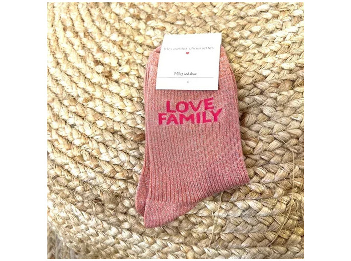 V327-Chaussettes paillettes "Love Family" (rose poudré)