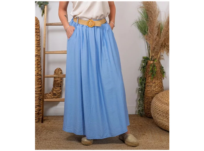 L732- Jupe longue ceinture (Tu) 🇮🇹 (bleu ciel)