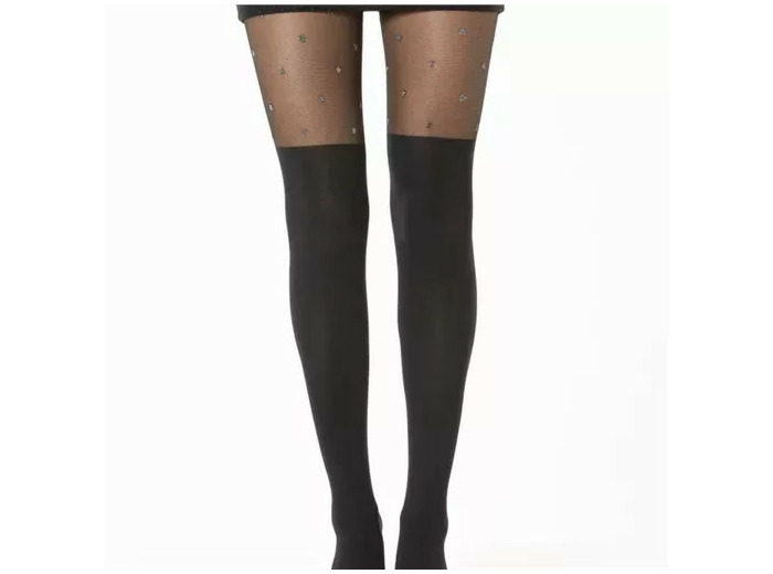 V343- Collants effet bas & strass (Tu) (noir)