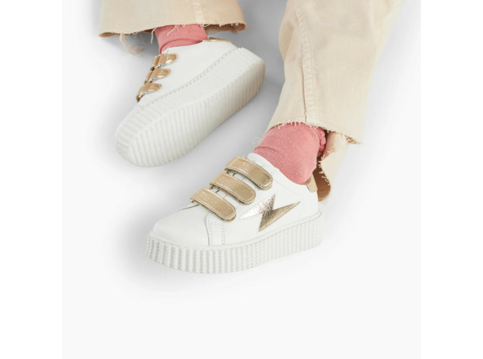 Baskets éclair blanc et or à scratchs - Mini Marilou - Vanessa Wu