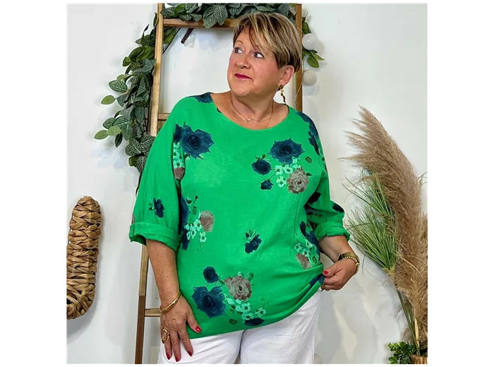 Z151- Tunique coton "FLEURS" (Gt) 🇮🇹 (vert brésil)