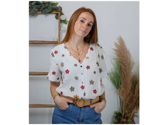 K303- Chemise Coton col dentellé (T36-T40) (blanc)