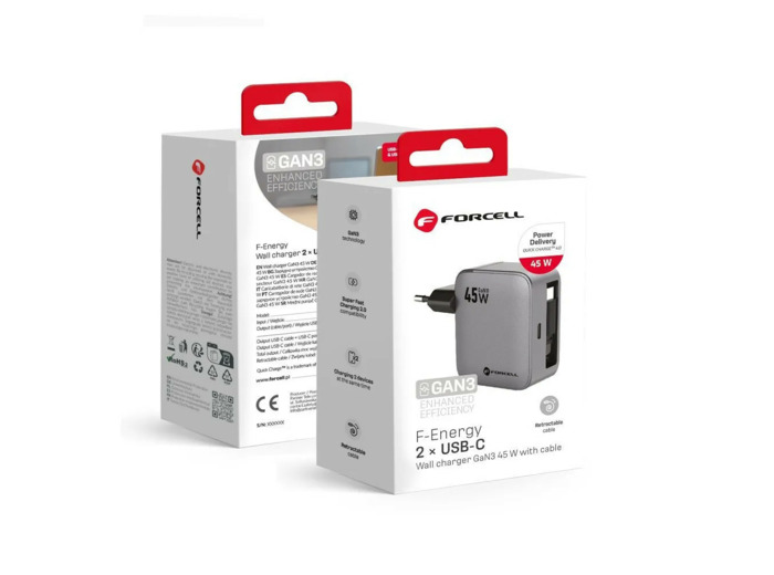 FORCELL F-Energy Chargeur mural 45W USB-C + câble USB-C intégré