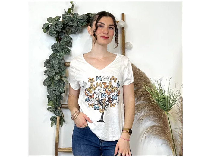 L088- T Shirt Fleur imprimé(Tu) 🇮🇹 (blanc)